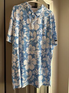 Yatta Golf Kahakai Polu Polo Mens XXL Blue White Hibiscus Performance Stretch